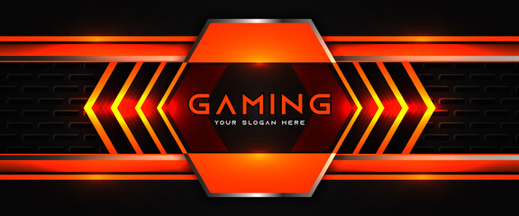 Futuristic orange and black abstract gaming banner design template with metal technology concept. Vector layout for business corporate promotion, game header social media, live streaming background © Majri