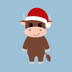 Cartoon cute bull. Vector illustration. Christmas card. 2021 new year.	