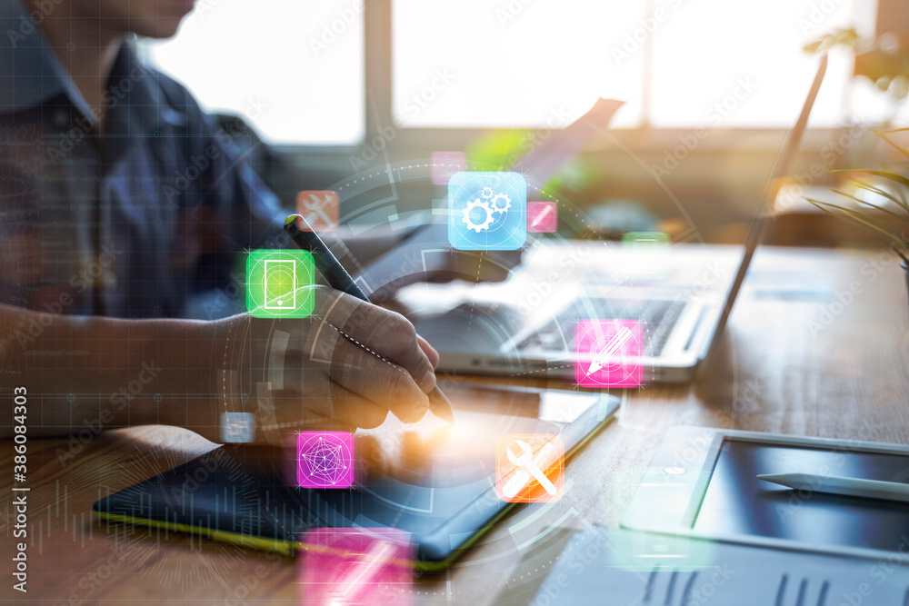 Fototapete ux ui user interface design graphical icon with graphics designer planning sketching creating creati