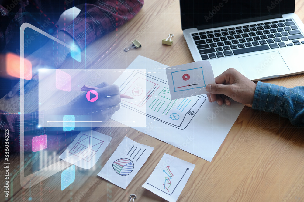 Aufkleber ux ui user interface design graphical icon with graphics designer planning sketching creating creati