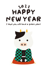 Fototapeta na wymiar 年賀状2021　縦　HAPPY NEW YEAR　緑と黒の市松模様着物で挨拶