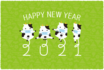 Fototapeta premium 感染予防 2021年賀状 丑4ポーズ 背景黄緑横 HAPPY NEW YEAR