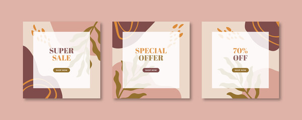 Trendy abstract square art templates with floral and geometric elements. Suitable for social media posts, mobile apps, banners design and web/internet ads.