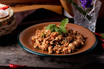 Spicy Minced Chicken Salad, a popular Thai food