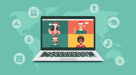 group of people around the world in winter costumes meeting online together via video conference on a laptop to virtual discussion on Christmas holiday with icon, vector flat illustration © ST.art