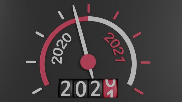 Car dashboard, speedometer arrow moves clockwise to 2021 mark, speedometer counter cylinders changes number 2020 to number 2021, 3D animation. Concept: Approach of New year, change of year date.