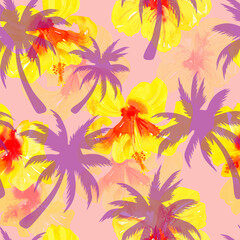 hibiscus flowers and palms seamless pattern on pink background, watercolor floral print.