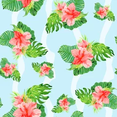 Fototapete Tropische Pflanzen tropical hibiscus flowers seamless watercolor pattern on blue background