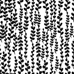 Cute hand drawn seamless pattern with branches, monochrome, vector