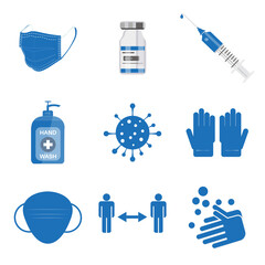 Covid-19 Covid icons set. Collection of vector /EPS simple web icons depicting hygiene, disinfection, symptoms, treatment, virus, prevention and vaccines Editable vector file