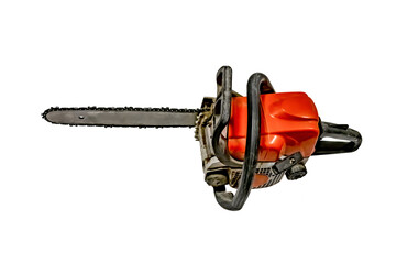 Fototapeta premium Gasoline saw isolated on white background - top view. Clipart of working equipment for cutting firewood and wood