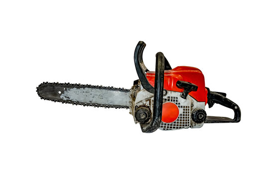 Old dirty shabby chainsaw isolated on white background - side view. Working gasoline tool for sawing wood
