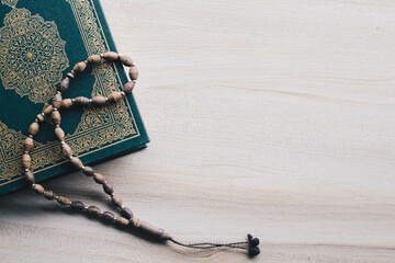 Holy Quran and rosary with banner background copy space. ,Ramadan concept.