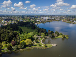 Aerial view over Lake Rotoroa (Hamilton Lake) looking towards Waikato Hospital, Hamilton, in the Waikato region of New Zealand