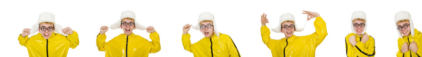 Man in yellow suit wearing winter warm hat