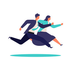 Running businessman and woman in suits.  Active poses of business people.