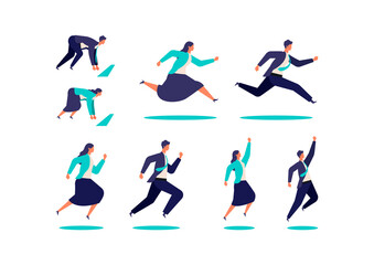 Fototapeta na wymiar Running businessman and woman in suits. Active poses of business people.