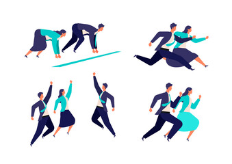 Running businessman and woman in suits.  Active poses of business people.