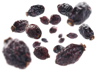 Dried rosehip berries levitate on a white background