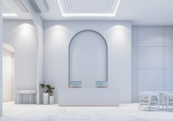 Reception waiting area lobby with wall decorate sales gallery on white marble floor and table with chair 3d rendering