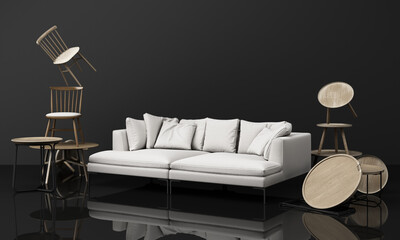 A lot of Chairs and coffee table wooden texture with sofa fabric in black colour tone background. 3d rendering