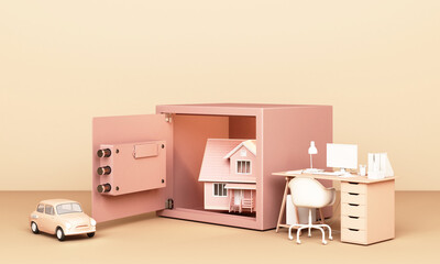 Thinking about home, car and work with an open safe in pink pastel colour the concept of life 3D rendering