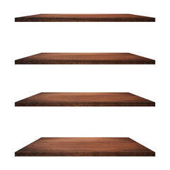 4 Wood shelves table isolated on white background and display montage for product.