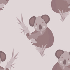Obraz premium Koala seamless pattern on a eucalyptus branch. Beige color. For textiles, children's clothing, wrapping paper, designer decor. Blue background. Vector image