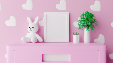 Mock up poster frame with cute rabbit for a girl baby shower 3D rendering