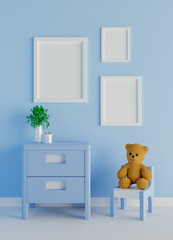 Mock up poster frame with cute teddy bear for a boy baby shower 3D rendering