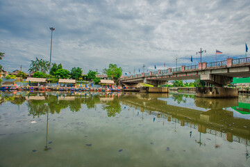 Blurred abstract background of colorful twilight lights around Buddha images or major religious attractions in Hat Yai District in Thailand