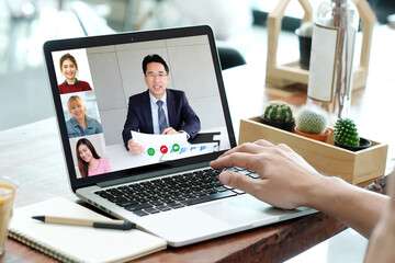 Virtual video conference, Work from home, Brainstorm planing teamwork, Asian business team making video call by web, Group of asia team online telecommunication meeting by laptop computer