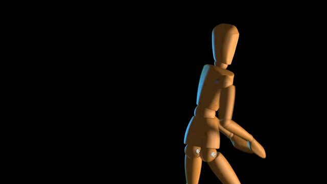 frantic and paranoid wooden mannequin - 3d illustration animation.  Black background with teal and orange lighting.