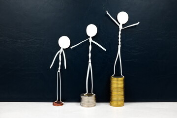Wealth and financial inequality, income disparity concept. Human stick figures of different social...