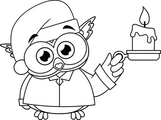 Outlined Owl Bird Cute Cartoon Character With Pajamas Holding A Candle. Vector Illustration Isolated On White Background