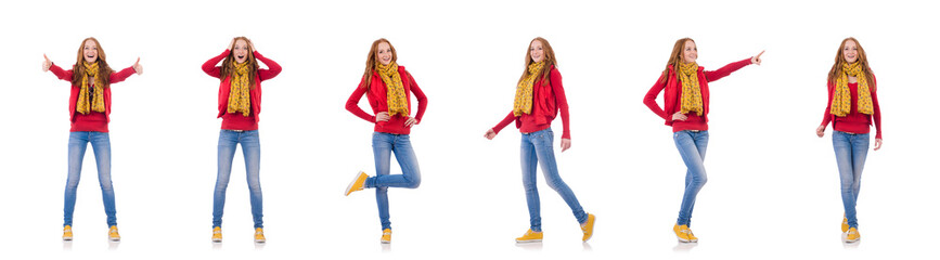 Cute smiling girl in red jacket and jeans isolated on white