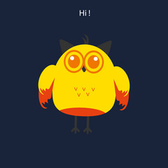 Yellow owl on a blue background with the word "Hi". Forest bird isolated on a blue background. For stickers, T-shirt prints, textile decor. Vector image.