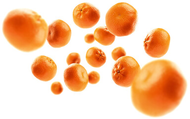 Whole oranges levitate on a white background