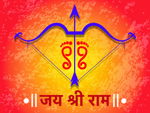 illustration of Ram Navami (Birthday of Lord Rama) background with bow arrow greeting card for Hindu spring festival Navratri. Hindi Text Jay Shree Ram meaning Victory to Lord Rama