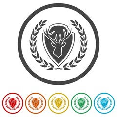 Deer head with antlers on shield ring icon, color set
