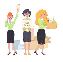 Woman leaves the workplace holding box of personal belongings and girl looking for job, standing with sign in her hands.Firing, dismissal, people in search of work