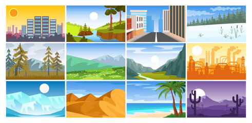 Set of urban landscapes, nature, plant, forest space, city streets with road, winter forest, mountains, ice landscape with iceberg, factory buildings, desert, tropical beach silhouette template
