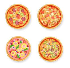 Realistic pizza with different types of sausages, mushrooms, ham, sweet fruit pizza with pineapple and strawberries. Tasty traditional italian food. Baked round flour home dish vector