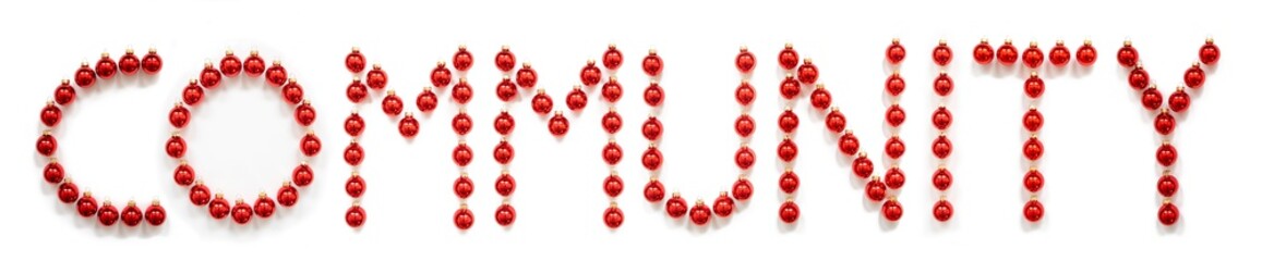 Red Christmas Ball Ornament Building English Word Community. Festive Christmas Decoration. White Isolated Background