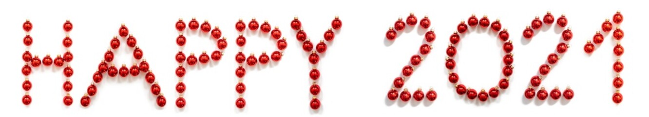 Red Christmas Ball Ornament Building English Word Happy 2021. Festive Christmas Decoration. White Isolated Background