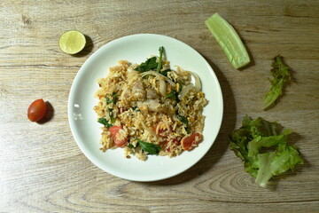 fried rice pork and Chinese kale with egg on plate