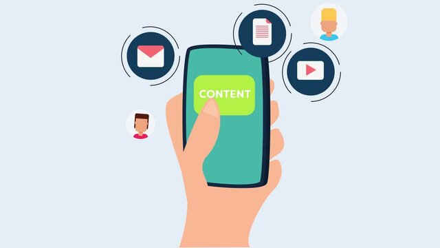 Content marketing, audience engagement on social media, digital content on smartphone screen. 2d animation video explainer.