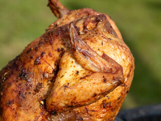 close-up of a bright juicy chicken in spices cooked on the grill entirely. Blurry green background. horizontal images