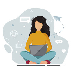 Woman studying with laptop, working from home at home office, connecting online network during Coronavirus outbreak. Remote working, communication and business concept. Flat style vector illustration.