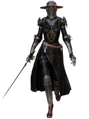 3D rendered fantasy character. Fantasy warrior woman with armor and sword. Dark Knight.